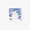 The art print Expectation features a framed artwork of an abstract creature with bunny ears partially submerged in swirling water, set against a primarily blue background with wavy, pastel-colored patterns.