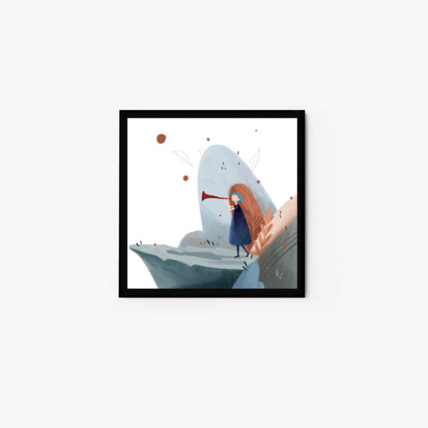 The fairy tale art print illustrates a person in a blue dress on colorful terrain, blowing a horn, with a whimsical creature adding charm. Elegantly framed in black on white.