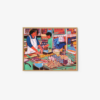 The Hong Kong Night Market art print depicts two individuals bustling at a lively street food stall, with trays of assorted foods. One serves while the other cooks, set against vibrant shelves and signs that capture the energetic ambiance.