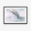 The art print Guardian depicts a mystical scene with an antlered dragon. Its red eyes and white scales emerge from the mist, as a small figure stands by its mouth, gazing up at the majestic creature.