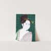 The Cosmopolitan Sutra - Natsu art print features a striking portrait of a woman with dark hair and partially uncolored facial features against a geometric green background. Her patterned shirt enhances the blend of realism and abstract, creating a captivating visual effect.
