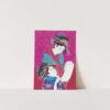The art print Cosmopolitan Sutra - Never Ends features two Japanese women in traditional attire on a pink background, with one holding a scroll and the other watching attentively, beautifully capturing the essence of traditional Japanese woodblock prints.