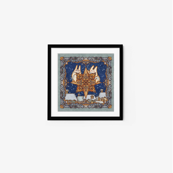 The Star art print features two whimsical cats in winter outfits beneath a snowy night sky. Elegantly framed, the border boasts intricate ornate patterns, bringing enchantment to your decor.