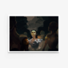 A mysterious figure in a white shirt and bird mask gazes upward in the Et Cetera art print, surrounded by dark figures that create a moody, enigmatic atmosphere with rising smoke or mist in the background.