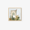 Art print neverland depicts a framed arch with green and orange foliage, featuring a red bird perched on top against a soft white background.