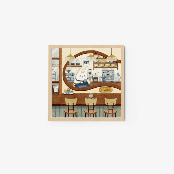 Cafe Inside art print portrays a cozy scene featuring a counter with three stools and a cone-headed character serving coffee, surrounded by warm hues, hanging lamps, and vintage equipment for an inviting ambiance.
