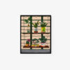 The Shelf Life framed art print displays three shelves with potted plants, using containers such as a Yeos can, a White Rabbit candy tin, and a Maneki-neko bowl. The background includes a striking green grid pattern.