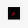 The Turmoil art print features a minimalist red flower with delicate petals on a black background, surrounded by thin wavy lines in red and gray for an abstract touch, all elegantly framed in black.