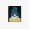 The art print Bath Time Cry Time shows someone with closed eyes and short dark hair relaxing in a bubble-filled bathtub. A shower sprays water, while a rubber duck floats nearby against dark blue tiles.