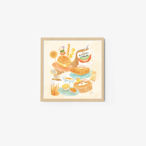 The Joviscy art print showcases an illustration of dim sum dishes including dumplings, buns, and milk tea, elegantly arranged on a light-colored table against a plain white background.