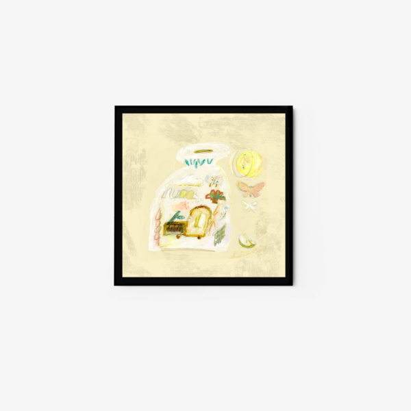 The Vanished Treasures art print is a framed abstract illustration featuring a small house, sun, butterfly, and various shapes in pastel colors on a light background.