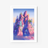 A framed art print titled Gameboy Adventure depicts a whimsical pink rock formation in tranquil waters, with cascading waterfalls, lush greenery, and a small building atop. A flower-adorned boat peacefully floats in the foreground.