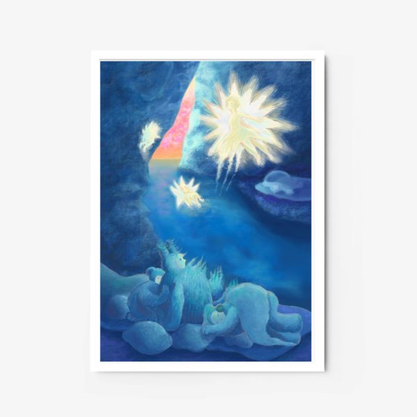 The art print Fuzzy and Sturdy beautifully captures celestial beings, a rainbow near a cave and water, with resting figures in soothing blue tones.