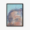 Close-up of an art print titled Colour Study - Under the Sun III, featuring a framed watercolor depicting the upper portion of a face. The painting showcases soft, blended colors with upward-gazing eyes and wispy hair against a light blue background.