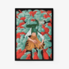 The art print Infection features a serene figure with long hair and a green hat resting in a crowd of red and teal rabbits, using vibrant contrasting colors to evoke whimsy and tranquility.