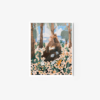 The Bear Hug art print displays a bear amid flowers in a forest clearing, encircled by trees with the sky peeking through. It combines warm and cool colors to evoke a serene and peaceful atmosphere.