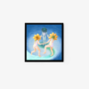 The third wheel art print portrays two children with flower heads joyfully dancing hand in hand, while a person with a tree-like head stands behind them. The scene is set against swirling blue and green hues and elegantly framed in black.