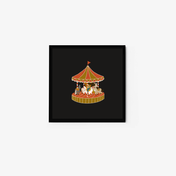 The Merry-go-round art print depicts a charming carousel with a red and orange striped canopy. It showcases four animals, including a horse and rabbit, gracefully rotating against a bold black square on a white background.