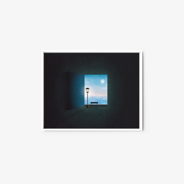 The framed art print, titled Searenity, depicts a solitary bench and streetlamp on a platform, offering a scenic ocean view beneath a full moon and night sky, as seen through an open window in a darkened room.