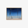 Framed art print Curtain over the Sky features an abstract night sky with two celestial bodies on a background that transitions from deep blue to light pink at the horizon, with dark brushstrokes evoking movement and enhancing its ethereal quality.