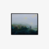 The framed art print Plover Cove Reservoir from Afar displays an abstract landscape with a hazy blue and green foreground, suggesting hills or trees under a grayish sky. Four glowing yellow dots portray distant stars or lights.