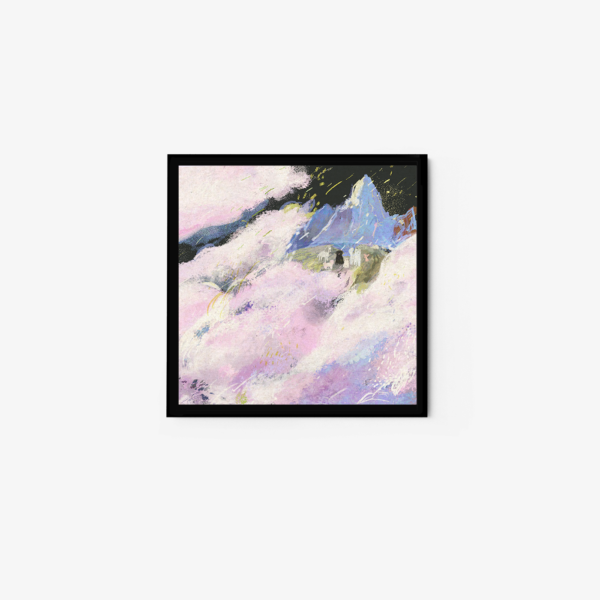 The framed abstract art print In The Flow-- Theres No Time depicts a mountain peak surrounded by fluffy pink and white clouds against a dark sky, creating an ethereal atmosphere.
