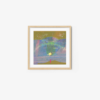 The Inner Glowing Route abstract art print showcases a central yellow star-like shape amid a vibrant, textured background of blue, green, pink, and purple. Its housed in a light-colored square wooden frame that perfectly complements the lively composition.