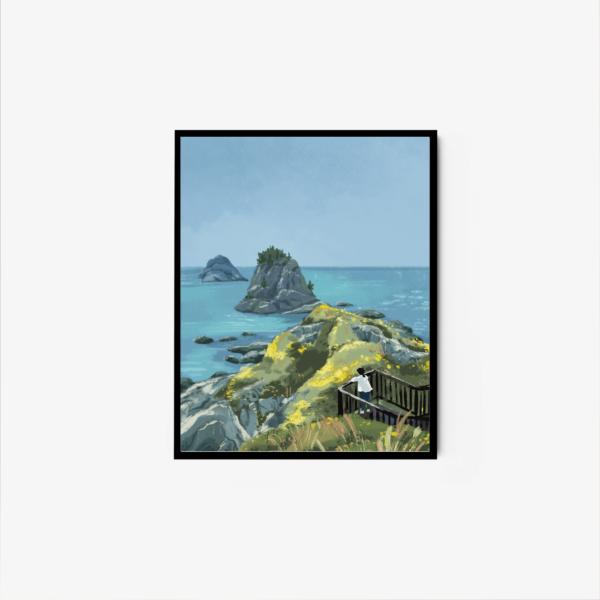 The Oryukdo framed art print depicts a tranquil blue ocean with rocky islands, a grassy hillside with yellow flowers and a wooden railing on the right in the foreground, and a clear sky above with a subtle gradient enhancing the serene beauty.