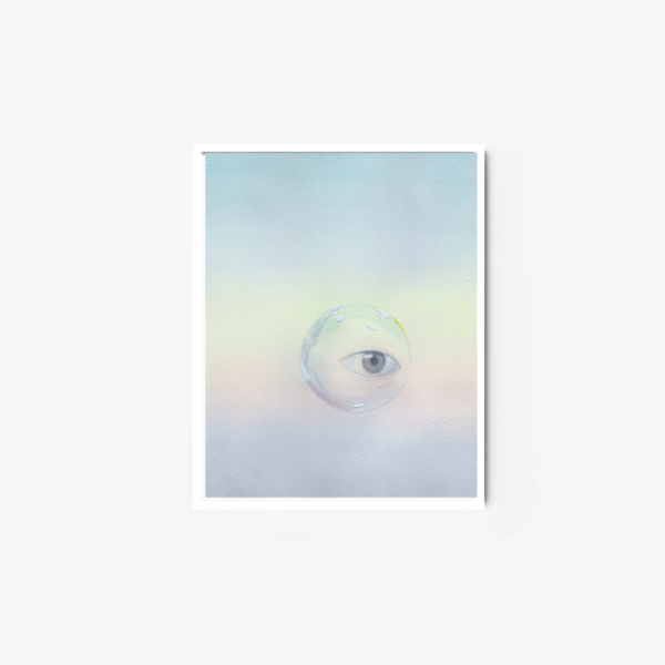 The art print Staring into Sunrise displays an eye centered in a clear droplet on a soft, pastel multicolored background. The serene design, framed in white, blends colors smoothly to create a dreamlike quality against a plain backdrop.