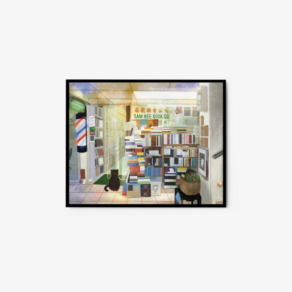 The art print, Sam Kee Bookstore, depicts a cozy literary haven with shelves full of books, a barber pole outside, and a cat lounging at the entrance. It features Chinese text on the sign and a potted plant to the right, perfectly capturing an inviting atmosphere.