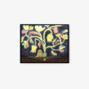 The Now you see me art print features a painting of vibrant, abstract flowers in a vase with large petals on a dark backdrop. The muted pink, yellow, and green hues create a whimsical and dreamy ambiance.