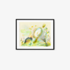 Dancing in The Public captures an abstract painting with a light background, where swirling lines and pastel shapes flow delicately. Gentle hints of green, blue, and yellow blend to create a dreamlike quality. The piece is elegantly framed in black.