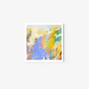 The Rides in Journey art print showcases abstract brushstrokes in blue, yellow, pink, and orange with swirling patterns and white star-like shapes. Its elegantly framed in white against a peaceful white background.