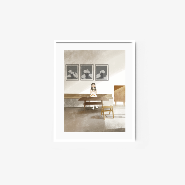 The Afternoon Coffee II art print shows a person seated at a long table reading in a serene, minimalist room. Behind them are three monochrome abstract portraits. Soft lighting creates gentle shadows, enhancing the calm atmosphere.