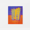 The Brush 2 art print showcases an abstract design with bold colors featuring vertical yellow streaks on a vibrant blue background. The bottom third is dominated by orange and accented with red textures, creating a striking visual contrast and dynamic composition.