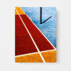 The Colors and Lines abstract art print showcases a running track adorned with bold geometric shapes. Red and yellow rectangles intersect on a textured surface, complemented by blue and white lines, while a black vertical pole emerges, blending athletic spirit with creative design.