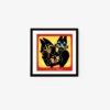 The Say Cheese! art print showcases three stylized, wide-eyed black cats on a yellow background. One playful cat wears glasses as they pose for a photo, with 1... 2... 3... Cheese!! scripted playfully at the bottom on a red border.