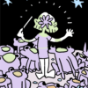 The Froggie Ensemble is a whimsical art print featuring a conductor with a flower mask, waving a baton amidst cartoonish purple frogs on stage, set against a twinkling starry background for a magical touch.