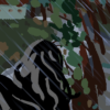 The day when were running in the rain is an abstract art print featuring a dark silhouette against green and brown shapes resembling trees and rain, with elegant diagonal streaks depicting rainfall and capturing the dynamic interplay of nature.