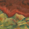 The art print He took me to see the greens features an abstract painting with swirling patterns in red, green, and yellow. A textured red wave sits atop, while undulating green and yellow shapes below add movement and depth.
