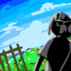 The place I love the best art print features a person with sunglasses and a neutral expression outdoors, against a vivid blue sky with clouds and birds. A wooden fence and lush greenery, sprinkled with flowers, complete the serene scene.