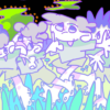 The art print Five plus 1 displays a cartoon-style drawing of three abstract human figures with exaggerated features running in a field, set against a background of vibrant greens and purples, featuring swirling shapes and dots for a surreal atmosphere.