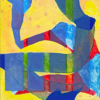 Four the most is an abstract art print showcasing overlapping geometric and organic shapes in bold blue, red, green, and yellow colors, set against a predominantly yellow backdrop for a dynamic and textured look.