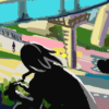 The Day When I Was Riding a Bike is an abstract art print featuring a cyclist against a cityscape with a bridge and road, depicted in bold colors and simplified forms, capturing the essence of movement and urban life.