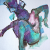 Minuet in E Minor 01 features an abstract figure in motion, using vibrant blues, purples, and pinks. Bold brushstrokes convey energy and fluidity against a white background.