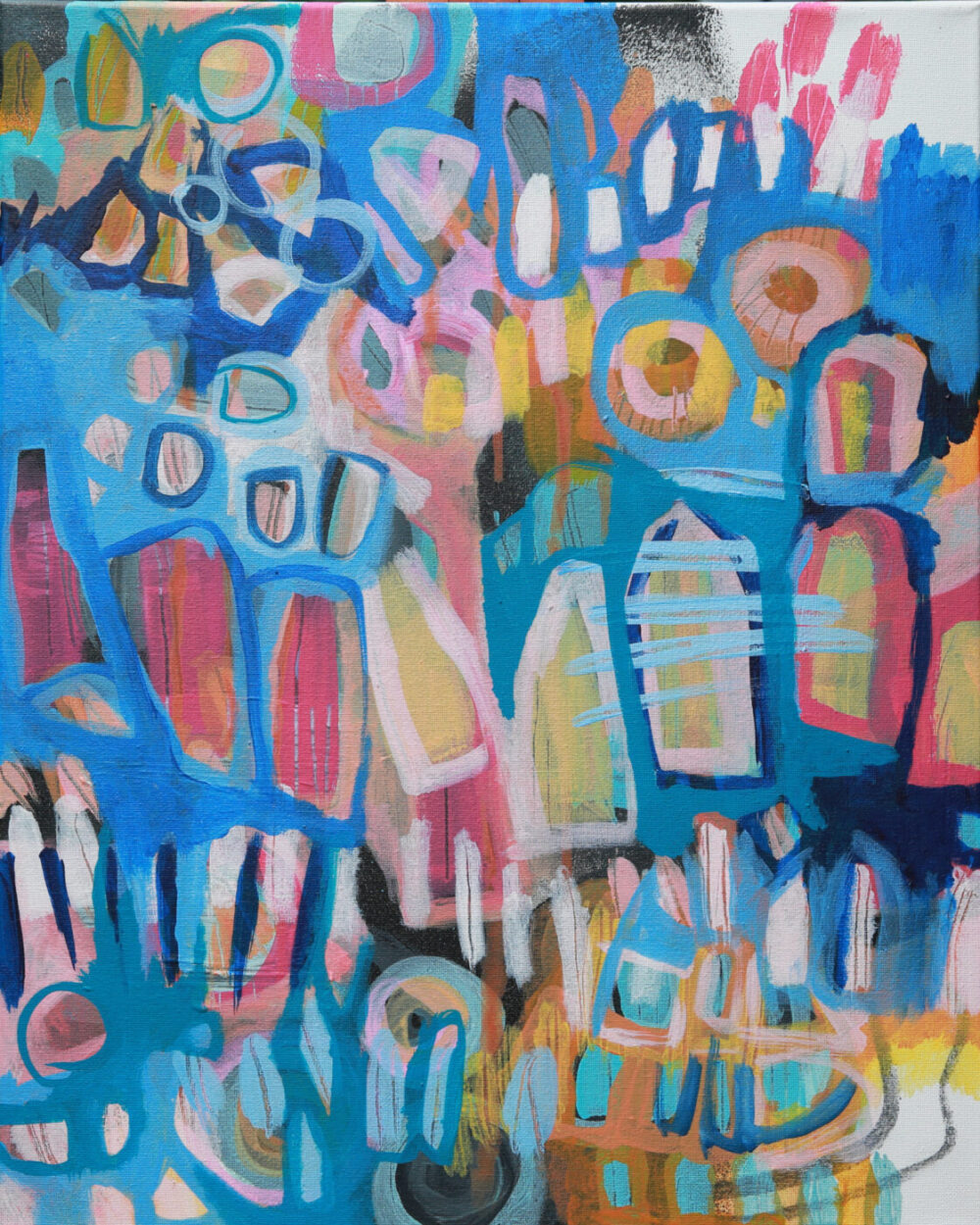 The Crazy Abstract Garden #11 art print showcases vibrant blues, pinks, yellows, and oranges with circular shapes, vertical lines, and overlapping forms for a dynamic visual flow.