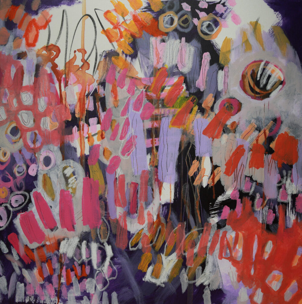 Crazy Abstract Garden #12 is an art print with vibrant pink, orange, and white brushstrokes on a dark purple background. It features circular and linear forms creating a chaotic yet harmonious visual texture.