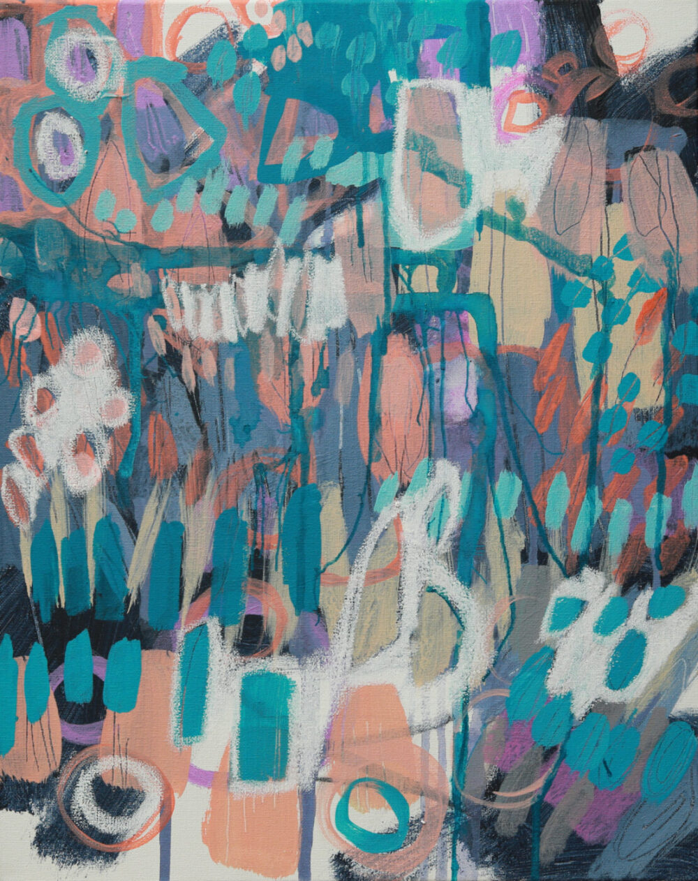 The Crazy Abstract Garden #13 art print features an abstract composition blending teal, peach, and white shapes with circular and floral elements. Bold brushstrokes enhance its dynamic layers, creating a vibrant and energetic feel.