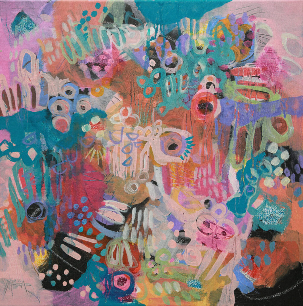 Crazy Abstract Garden #1 is an energetic abstract art print featuring vibrant pink, blue, and orange tones. The piece combines overlapping circles, lines, and shapes with bold brushstrokes to create a dynamic composition full of depth.