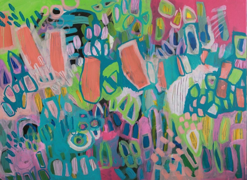 The Crazy Abstract Garden #2 art print features vibrant colors with dynamic shapes and strokes in pink, green, blue, and orange, creating a lively composition of overlapping forms and varied brushstrokes.